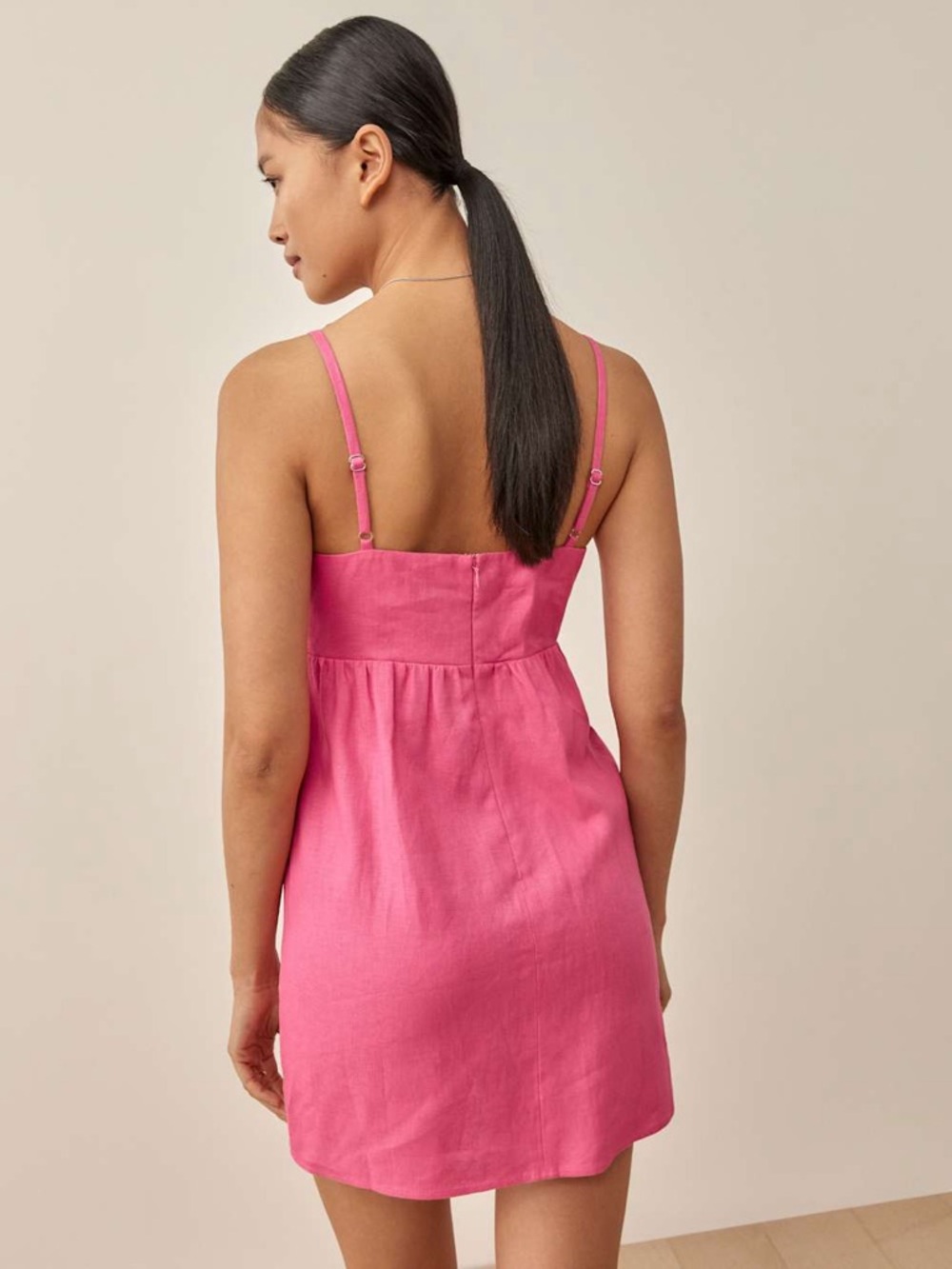 Reformation Ryland Linen Dress Mini Sweetheart Neckline Front Tie Knit Pink - Picture 2 of 10